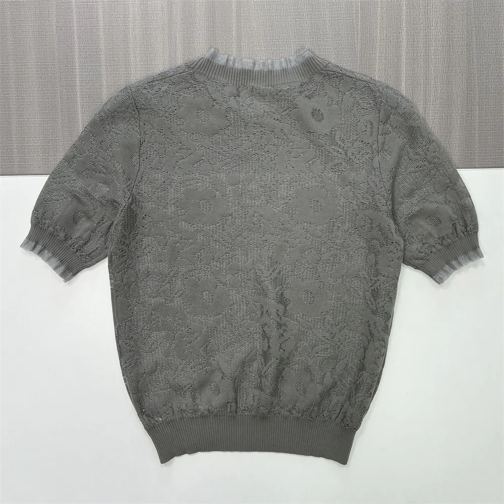Custom Lace Knit T-Shirt: Ruffled Neck, Puff Sleeve, Elegant Design