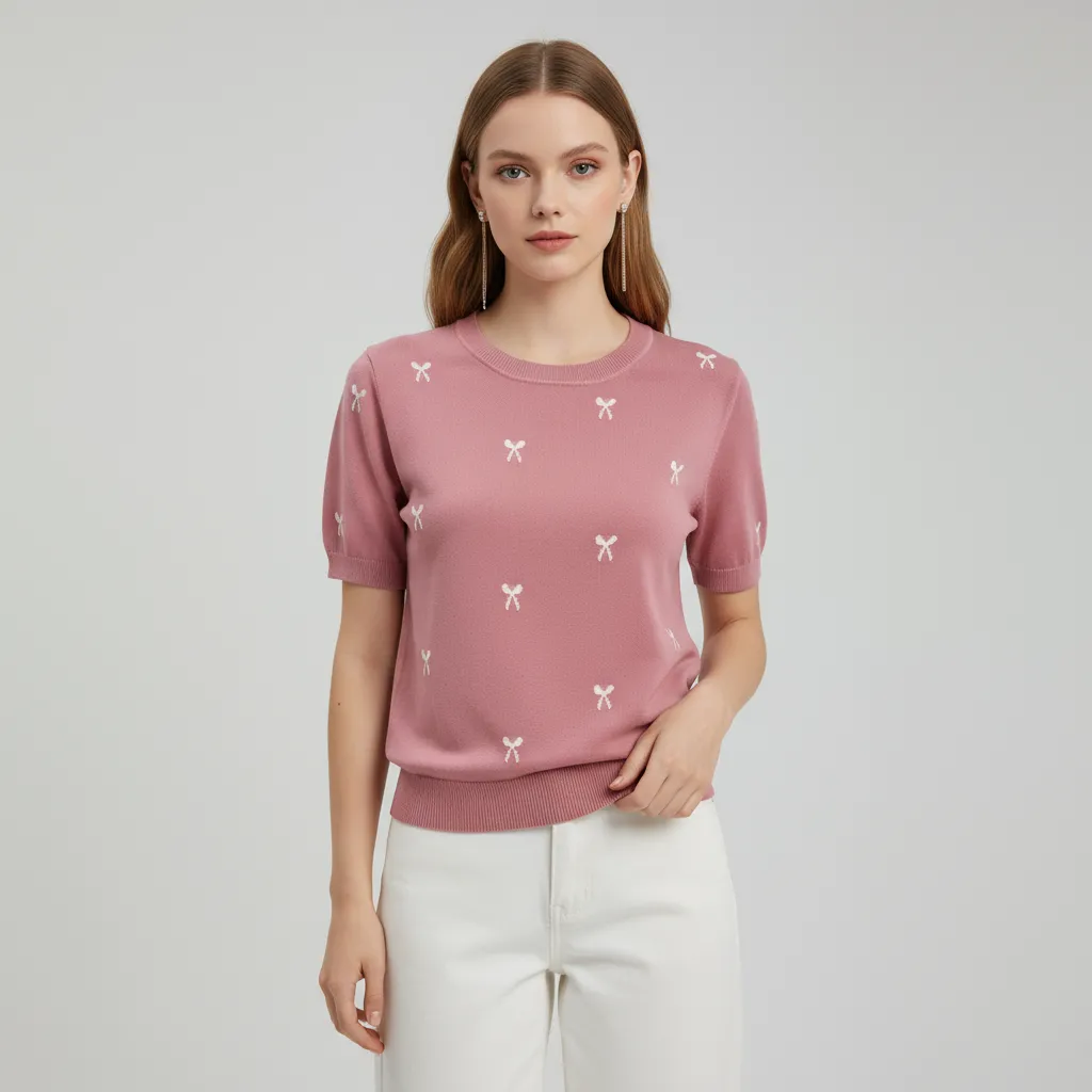 Customizable Bow Embroidered Knit T-Shirt: Crew Neck, Short Sleeve, Romantic Design