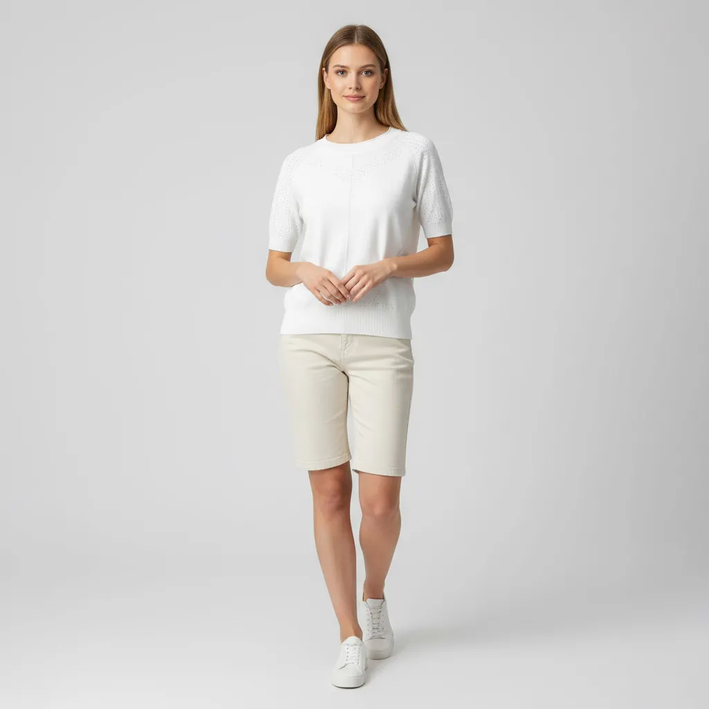 Custom Eyelet Detail Knit T-Shirt: Crew Neck, Short Sleeve, Minimalist Design