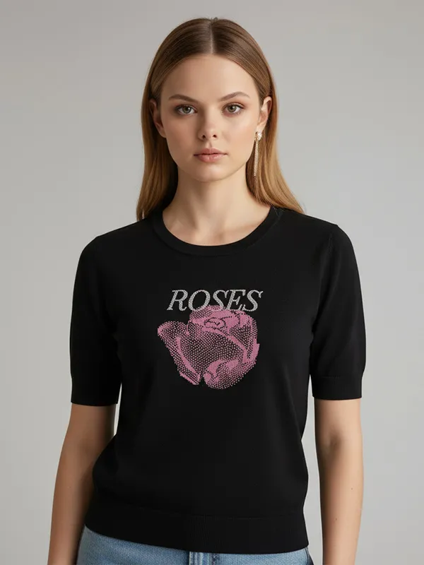 Customizable Rose Graphic Knit T-Shirt: Crew Neck, Short Sleeve, Edgy Design