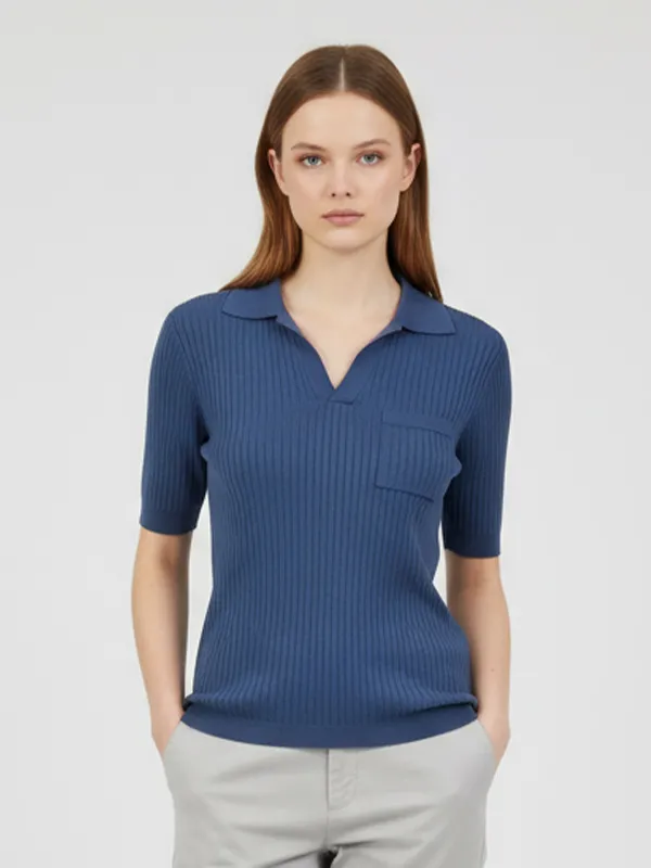 Custom Ribbed Knit Polo T-Shirt: Notch Collar, Short Sleeve, Pocket Detail Design