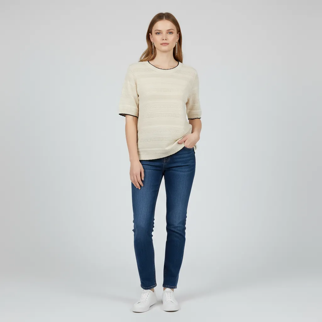 Customizable Contrast Trim Textured Knit T-Shirt: Crew Neck, Short Sleeve, Tailored Design