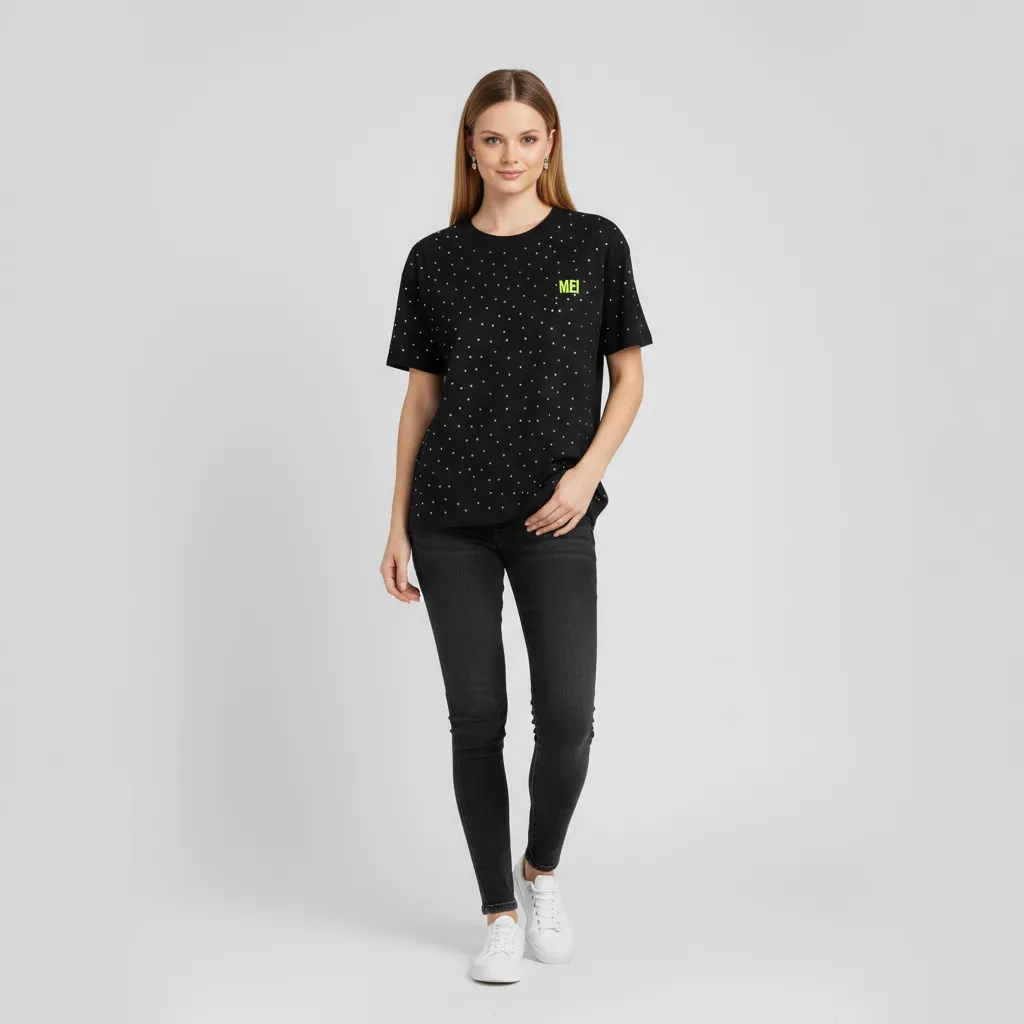 Customizable Studded Graphic Knit T-Shirt: Crew Neck, Short Sleeve, Edgy Design