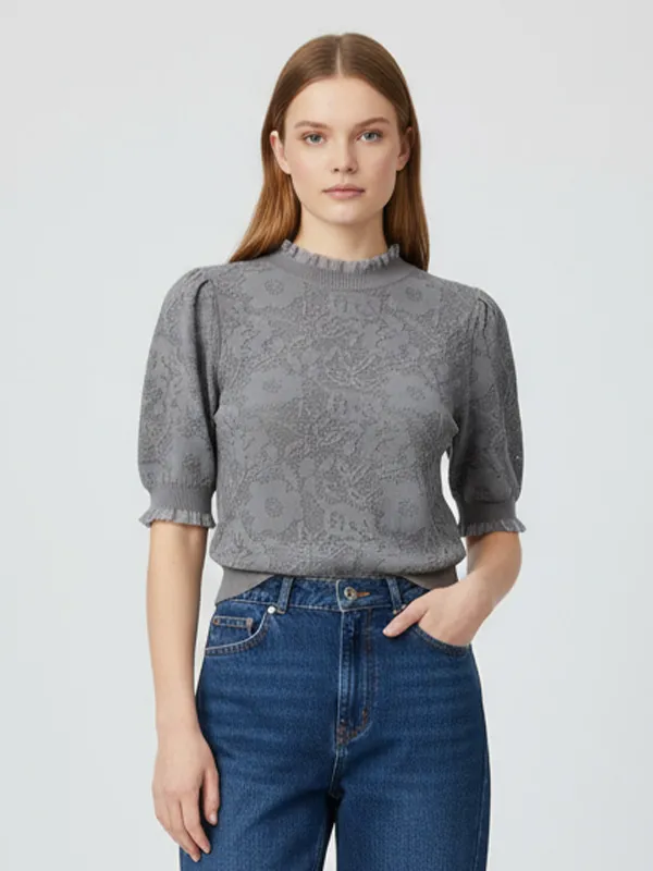 Custom Lace Knit T-Shirt: Ruffled Neck, Puff Sleeve, Elegant Design