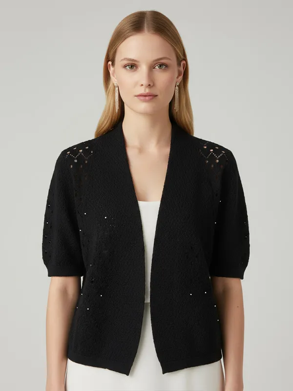 Customizable Eyelet Knit Cardigan: Open Front, Short Sleeve, Elegant Design