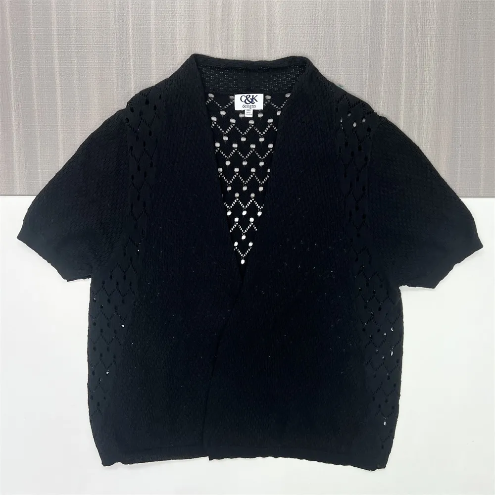Customizable Eyelet Knit Cardigan: Open Front, Short Sleeve, Elegant Design