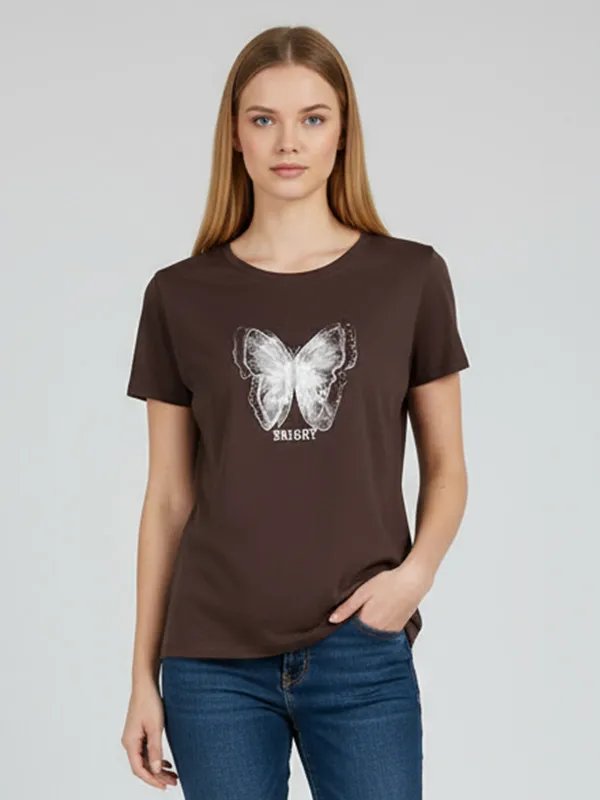 Customizable Butterfly Graphic Knit T-Shirt: Crew Neck, Short Sleeve, Romantic Design