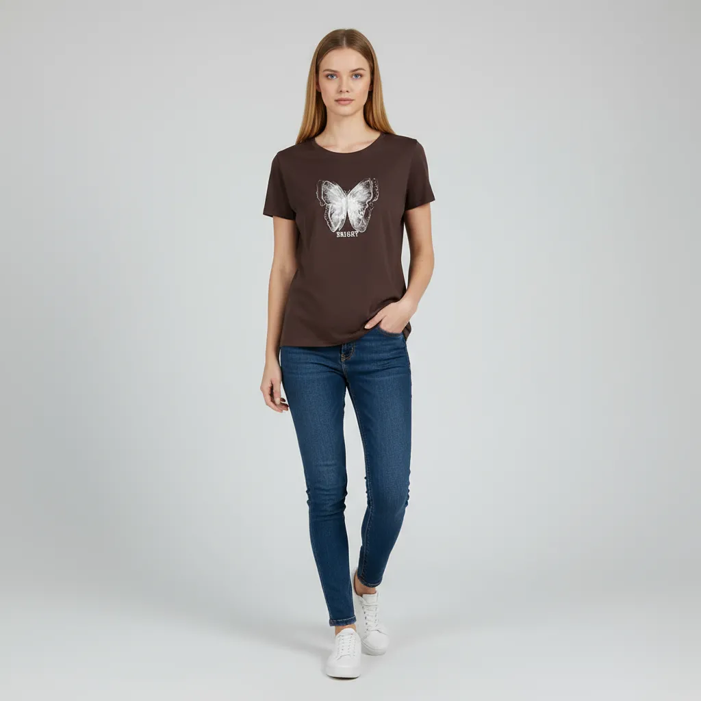 Customizable Butterfly Graphic Knit T-Shirt: Crew Neck, Short Sleeve, Romantic Design