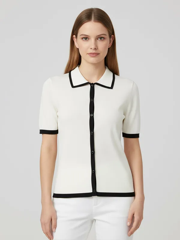 Custom Contrast Trim Knit Shirt: Polo Collar, Short Sleeve, Button-Up Design