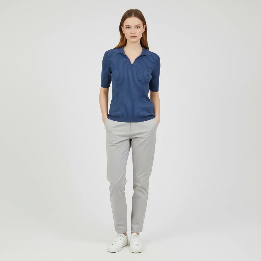 Custom Ribbed Knit Polo T-Shirt: Notch Collar, Short Sleeve, Pocket Detail Design
