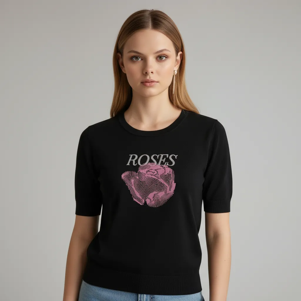 Customizable Rose Graphic Knit T-Shirt: Crew Neck, Short Sleeve, Edgy Design