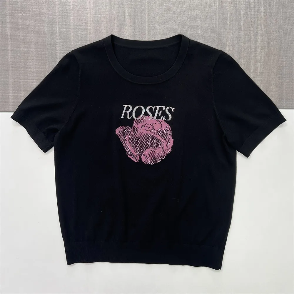 Customizable Rose Graphic Knit T-Shirt: Crew Neck, Short Sleeve, Edgy Design