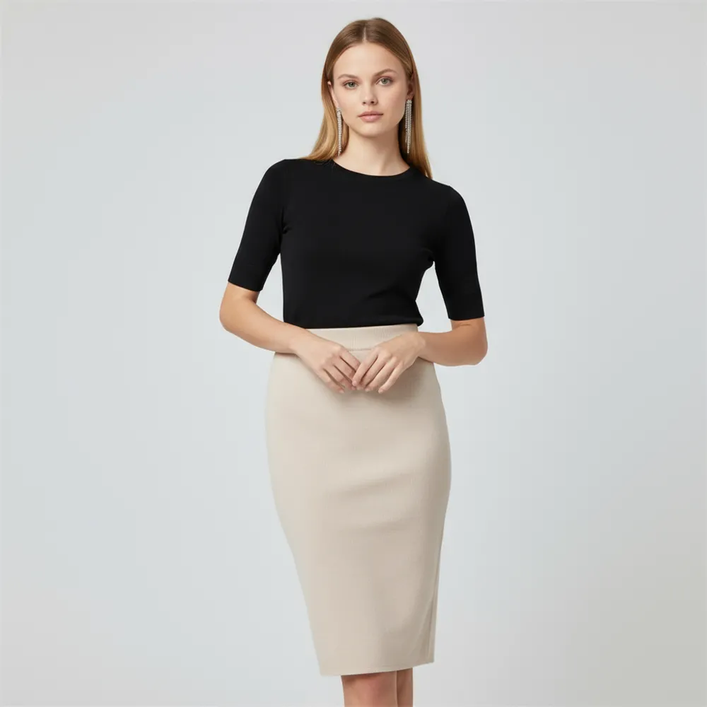 Customizable Knit Pencil Skirt: High-Waist, Midi Length, Minimalist Design