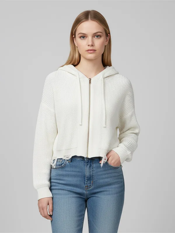 Customizable Distressed Knit Zip-Up Hoodie: Cropped Fit, Ivory, Edgy Casual Design