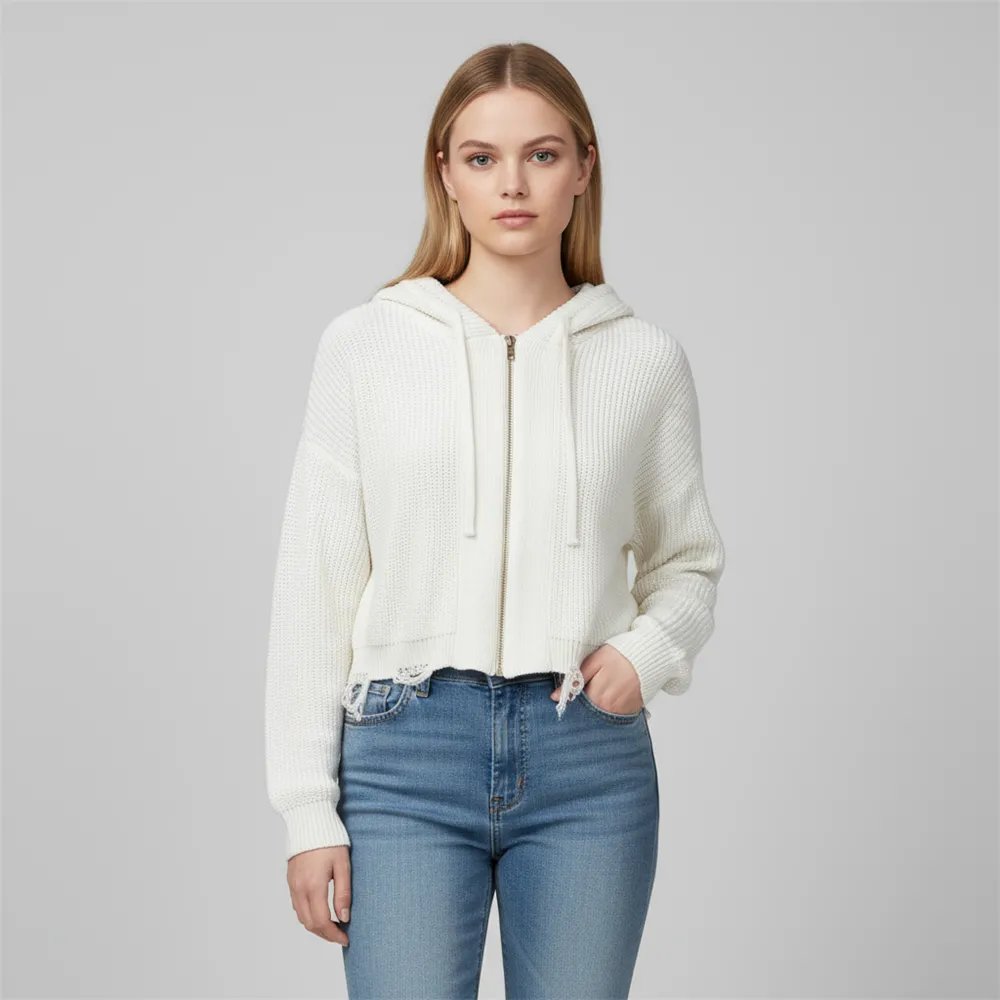 Customizable Distressed Knit Zip-Up Hoodie: Cropped Fit, Ivory, Edgy Casual Design