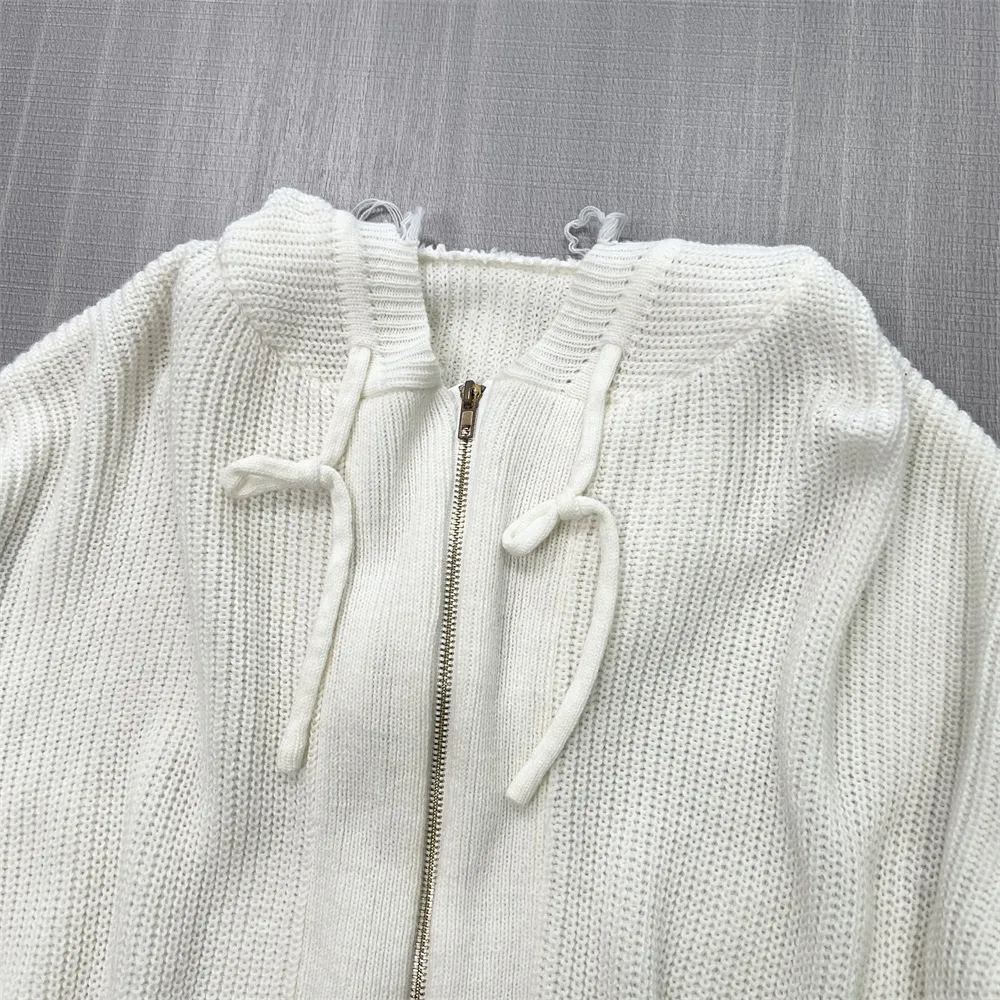 Customizable Distressed Knit Zip-Up Hoodie: Cropped Fit, Ivory, Edgy Casual Design