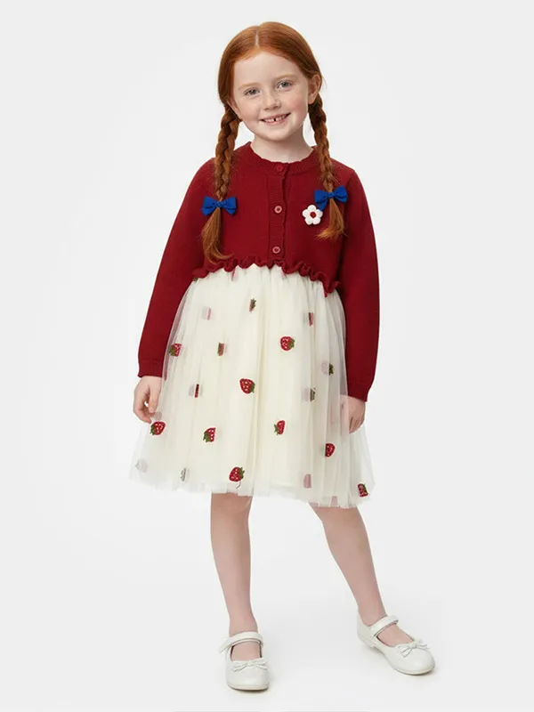 Customizable Girls' Knit & Tulle Dress: Red Cardigan, Strawberry Print, Whimsical Design