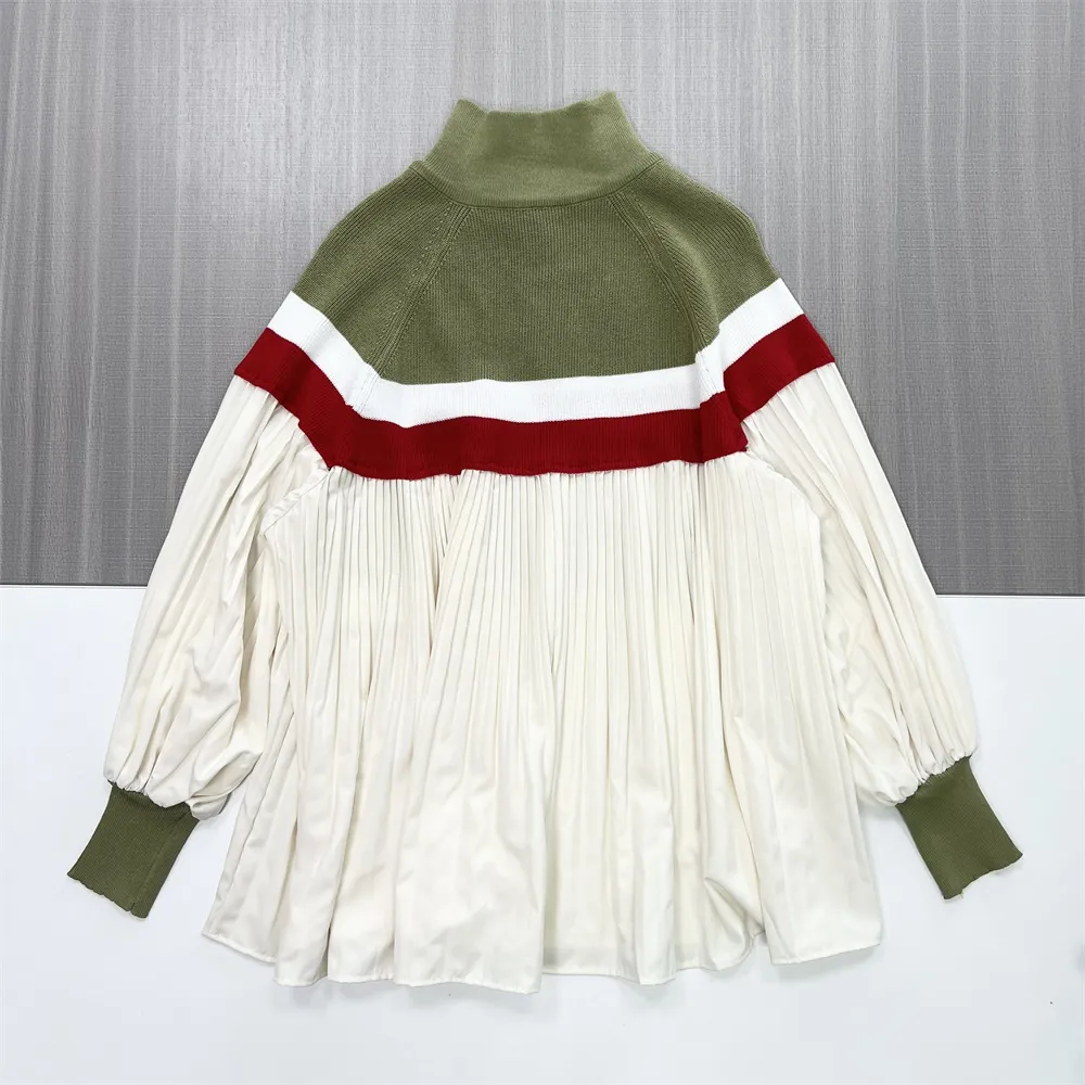 Customizable Knit & Pleated Tunic: Olive & Red Accents, High Neck, Statement Casual Wear