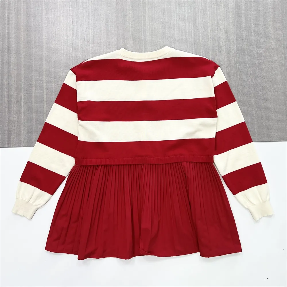 Customizable Girls' Striped Knit & Pleated Dress: Red & Cream, Classic Design, Versatile Kids Wear