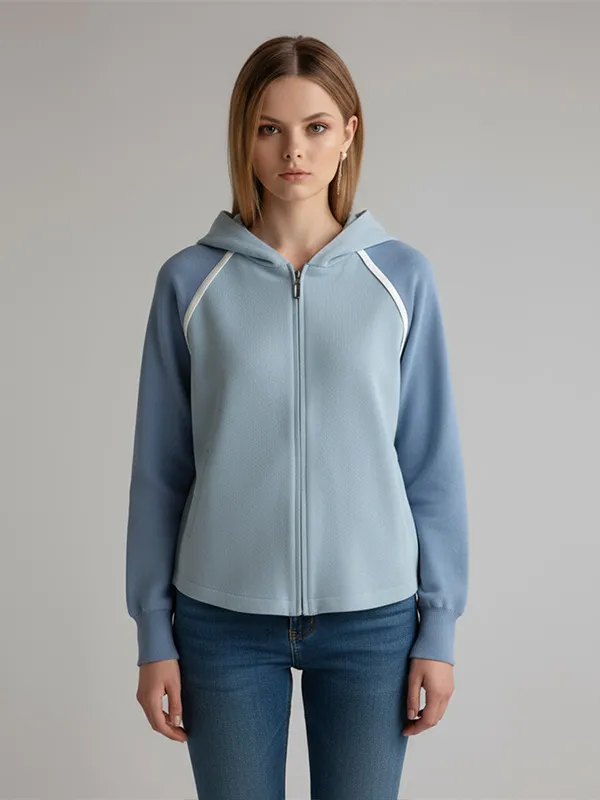Customizable Color-Block Zip-Up Hoodie: Blue Tones, Sporty Design, Versatile Casual Wear