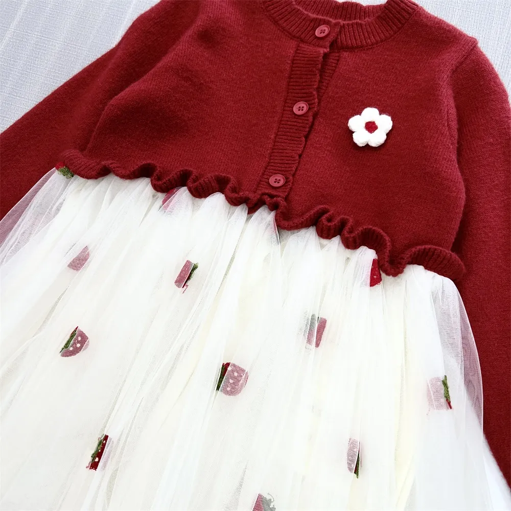 Customizable Girls' Knit & Tulle Dress: Red Cardigan, Strawberry Print, Whimsical Design