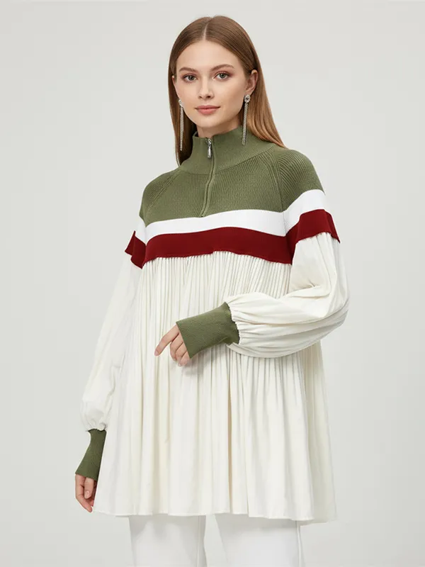 Customizable Knit & Pleated Tunic: Olive & Red Accents, High Neck, Statement Casual Wear