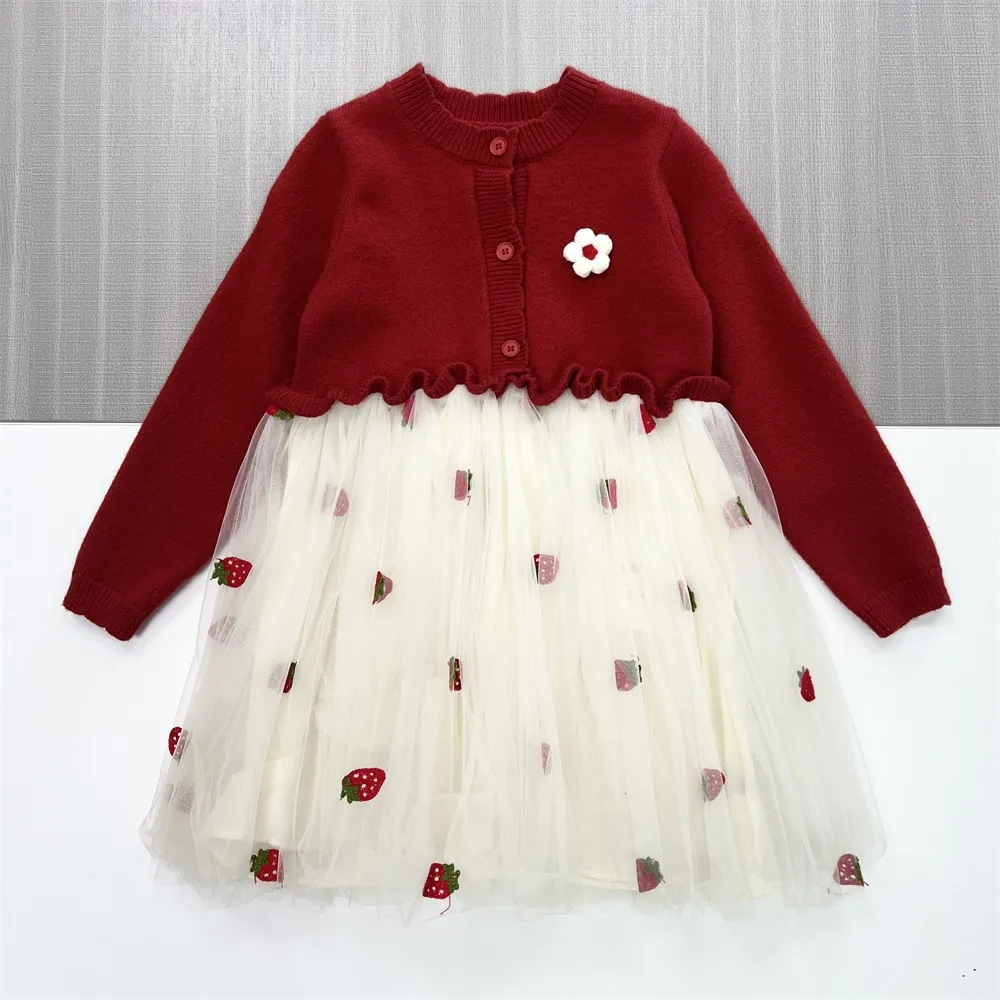 Customizable Girls' Knit & Tulle Dress: Red Cardigan, Strawberry Print, Whimsical Design