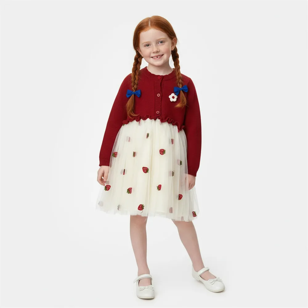 Customizable Girls' Knit & Tulle Dress: Red Cardigan, Strawberry Print, Whimsical Design