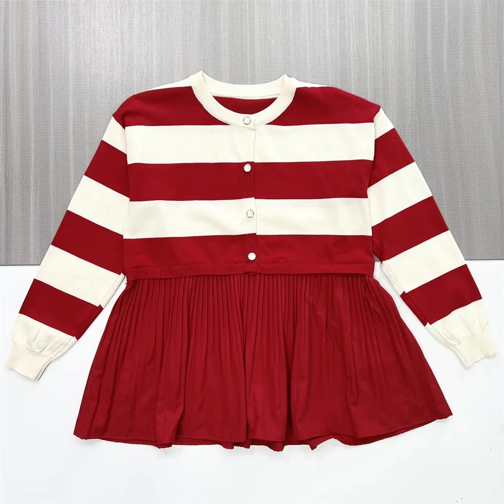 Customizable Girls' Striped Knit & Pleated Dress: Red & Cream, Classic Design, Versatile Kids Wear