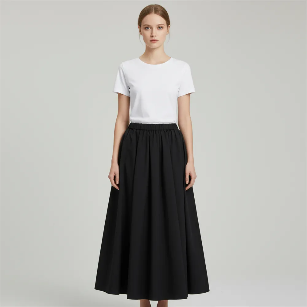 Customizable Pleated Maxi Skirt: Elastic Waist, A-Line Cut, Versatile Design