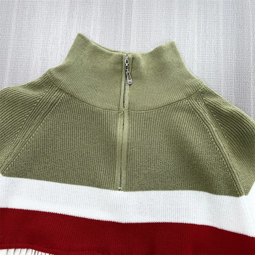 Customizable Knit & Pleated Tunic: Olive & Red Accents, High Neck, Statement Casual Wear