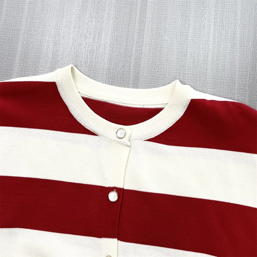 Customizable Girls' Striped Knit & Pleated Dress: Red & Cream, Classic Design, Versatile Kids Wear