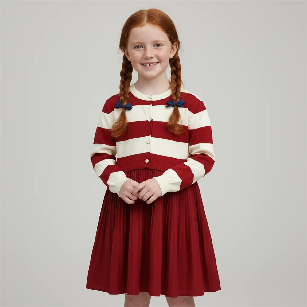 Customizable Girls' Striped Knit & Pleated Dress: Red & Cream, Classic Design, Versatile Kids Wear