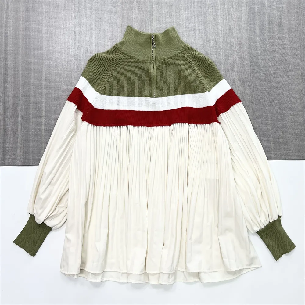 Customizable Knit & Pleated Tunic: Olive & Red Accents, High Neck, Statement Casual Wear