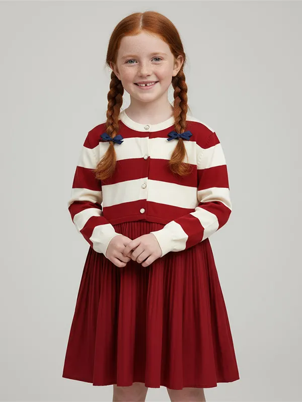 Customizable Girls' Striped Knit & Pleated Dress: Red & Cream, Classic Design, Versatile Kids Wear