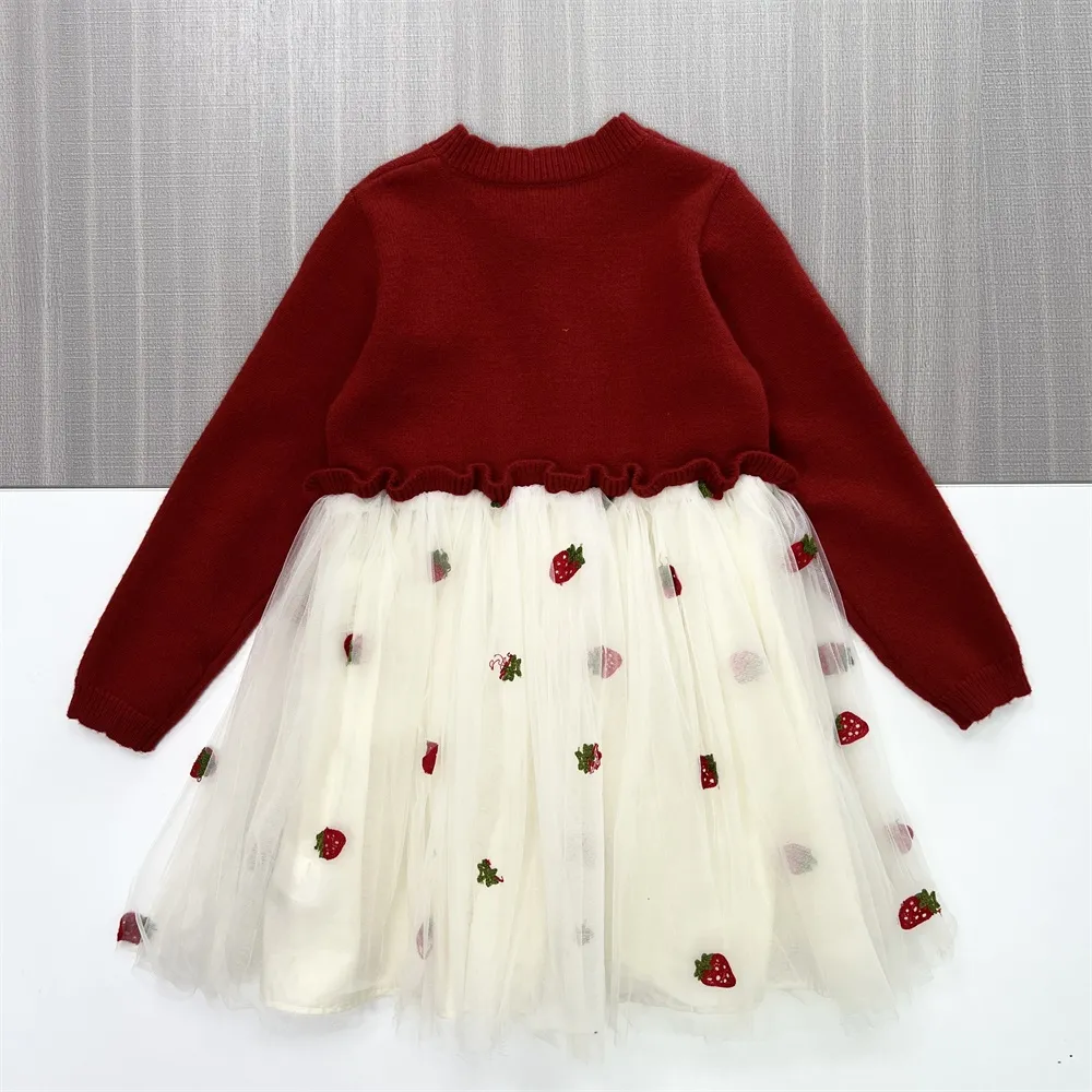Customizable Girls' Knit & Tulle Dress: Red Cardigan, Strawberry Print, Whimsical Design
