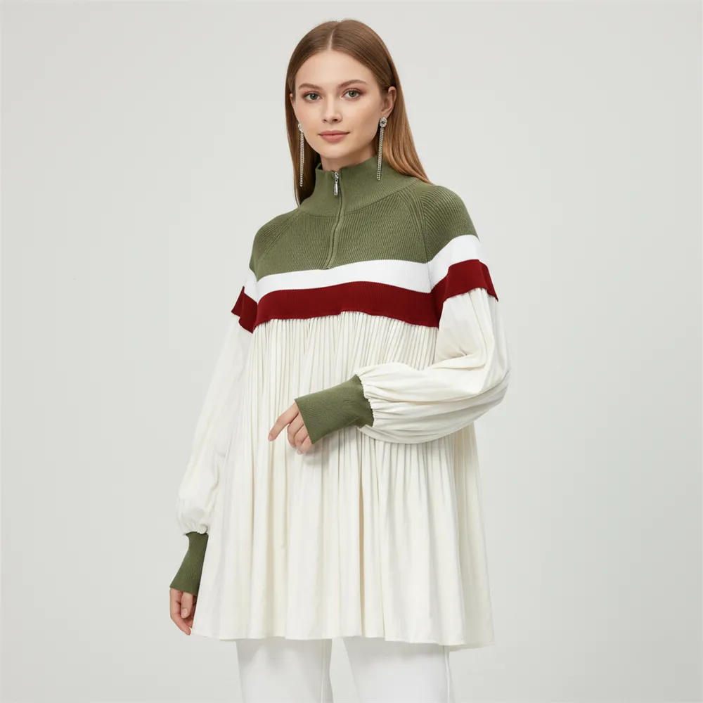 Customizable Knit & Pleated Tunic: Olive & Red Accents, High Neck, Statement Casual Wear