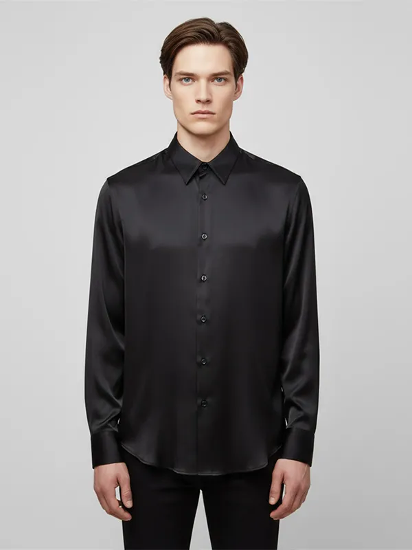 Customizable Men's Satin Black Dress Shirt: Silky Texture, Sleek Formal-Casual Design