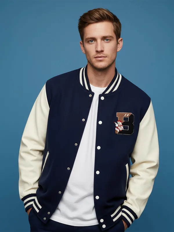 Customizable Men's Varsity Jacket: Navy & Cream, Embroidered Logo, Retro-Casual Design