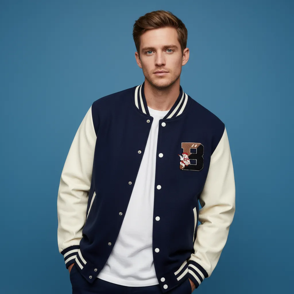 Customizable Men's Varsity Jacket: Navy & Cream, Embroidered Logo, Retro-Casual Design
