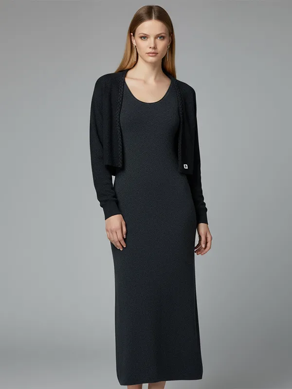 Customizable Women's Gray Knit Dress Set: Sleeveless Maxi + Cropped Cardigan, Elegant 2-Piece Design