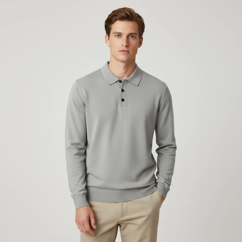 Men's Light Gray Knit Polo: Long-Sleeve, Contrast Buttons, Minimalist Casual