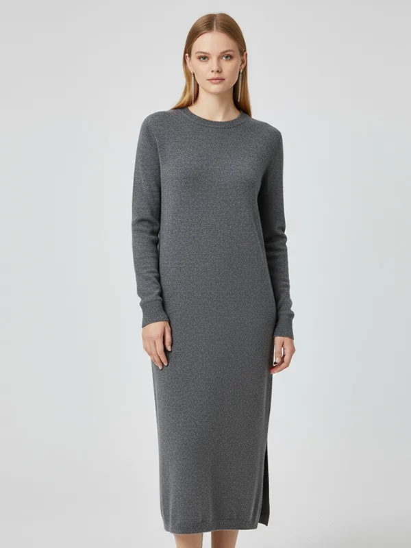 Customizable Women's Gray Knit Maxi Dress: Crew Neck, Slit Detail, Minimalist Casual Design