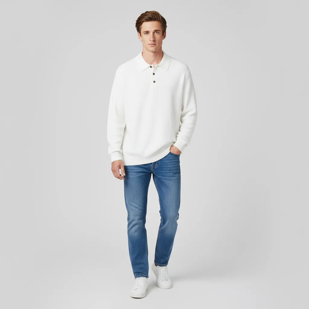 Men's Cream White Knit Polo: Long-Sleeve, Ribbed Texture, Modern Casual
