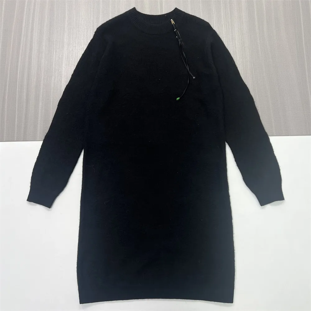 Customizable Women's Black Textured Knit Dress: Mock Neck, Relaxed-Fit, Modern Casual Design