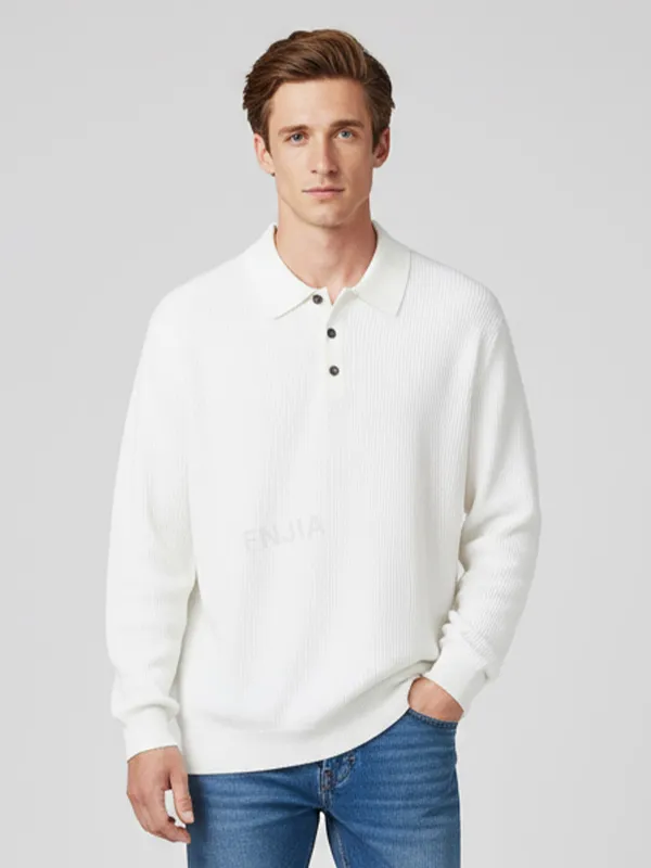 Men's Cream White Knit Polo: Long-Sleeve, Ribbed Texture, Modern Casual