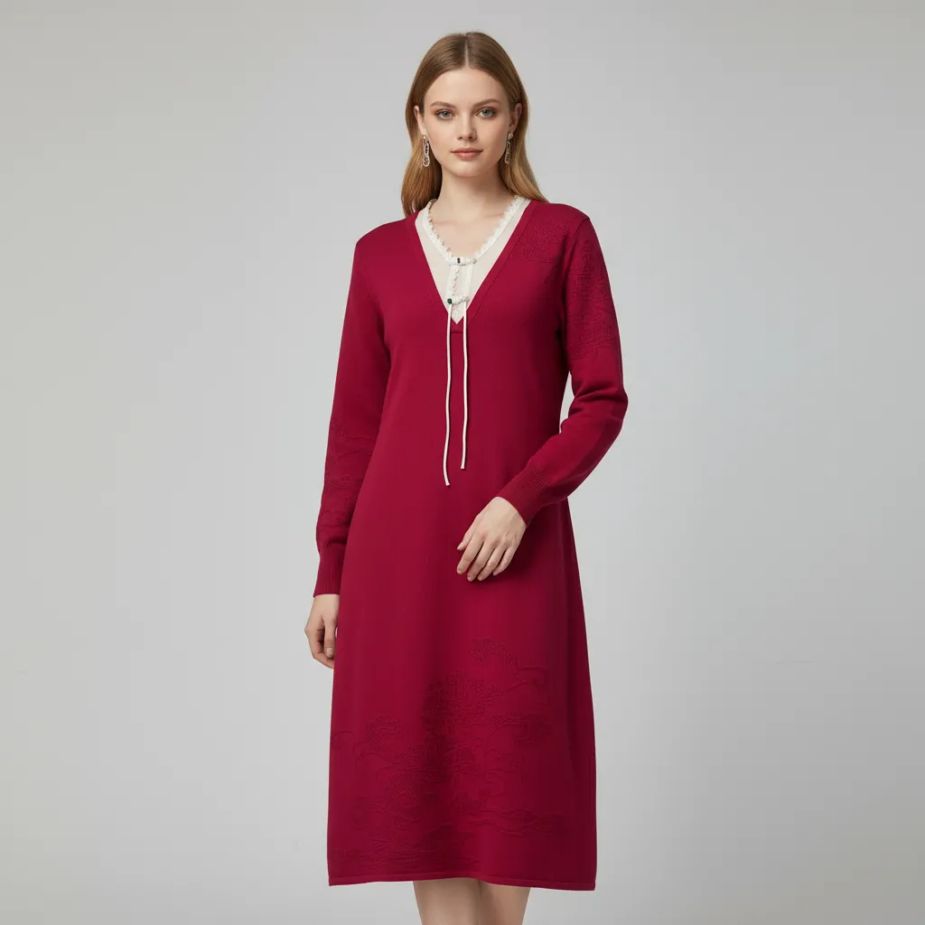 Customizable Women's Red Knit Midi Dress: Embroidered Pattern, V-Neck, Elegant Design