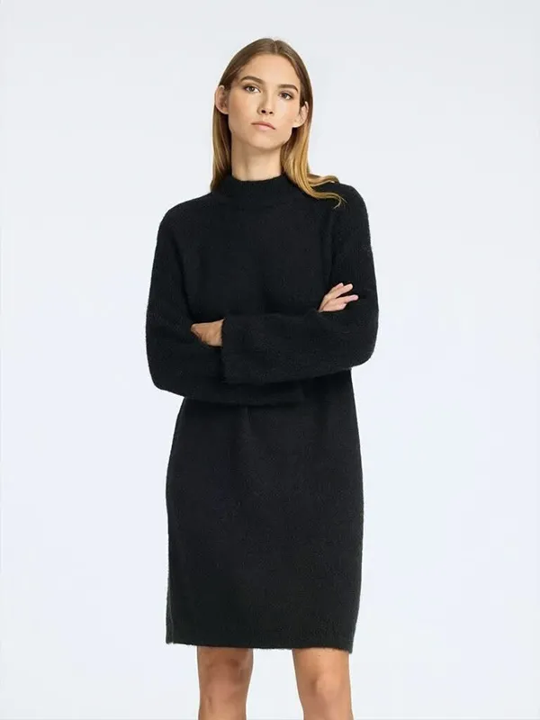 Customizable Women's Black Textured Knit Dress: Mock Neck, Relaxed-Fit, Modern Casual Design