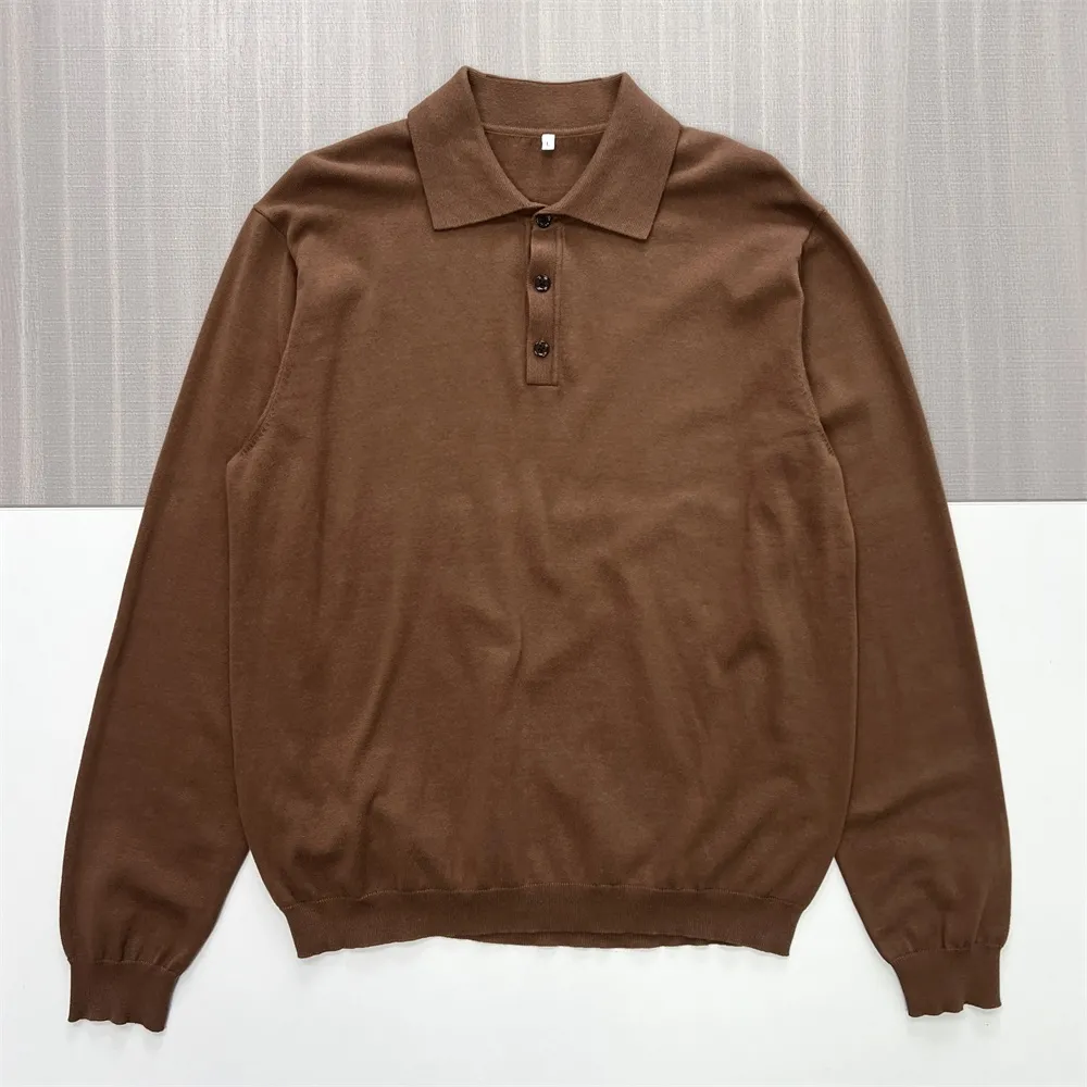 Men's Warm Brown Knit Polo: Long-Sleeve, Button Placket, Refined Casual