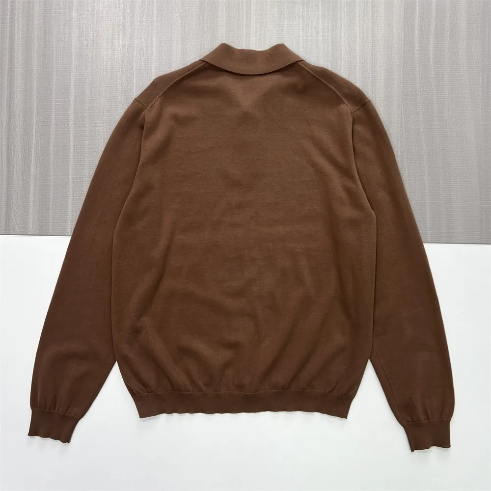Men's Warm Brown Knit Polo: Long-Sleeve, Button Placket, Refined Casual